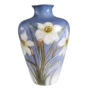 Vintage Hand Painted Rosenthal Vase White Daffodils Blue Vase Gold Trim Spring